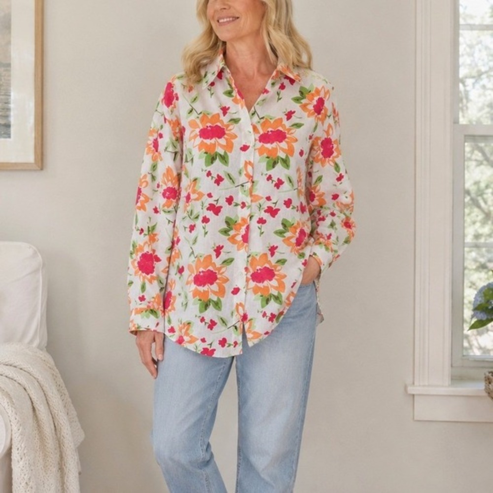 Floral Linen Blend Tunic S Coastal Grandma Cottagecore Button Up Blouse Vacation